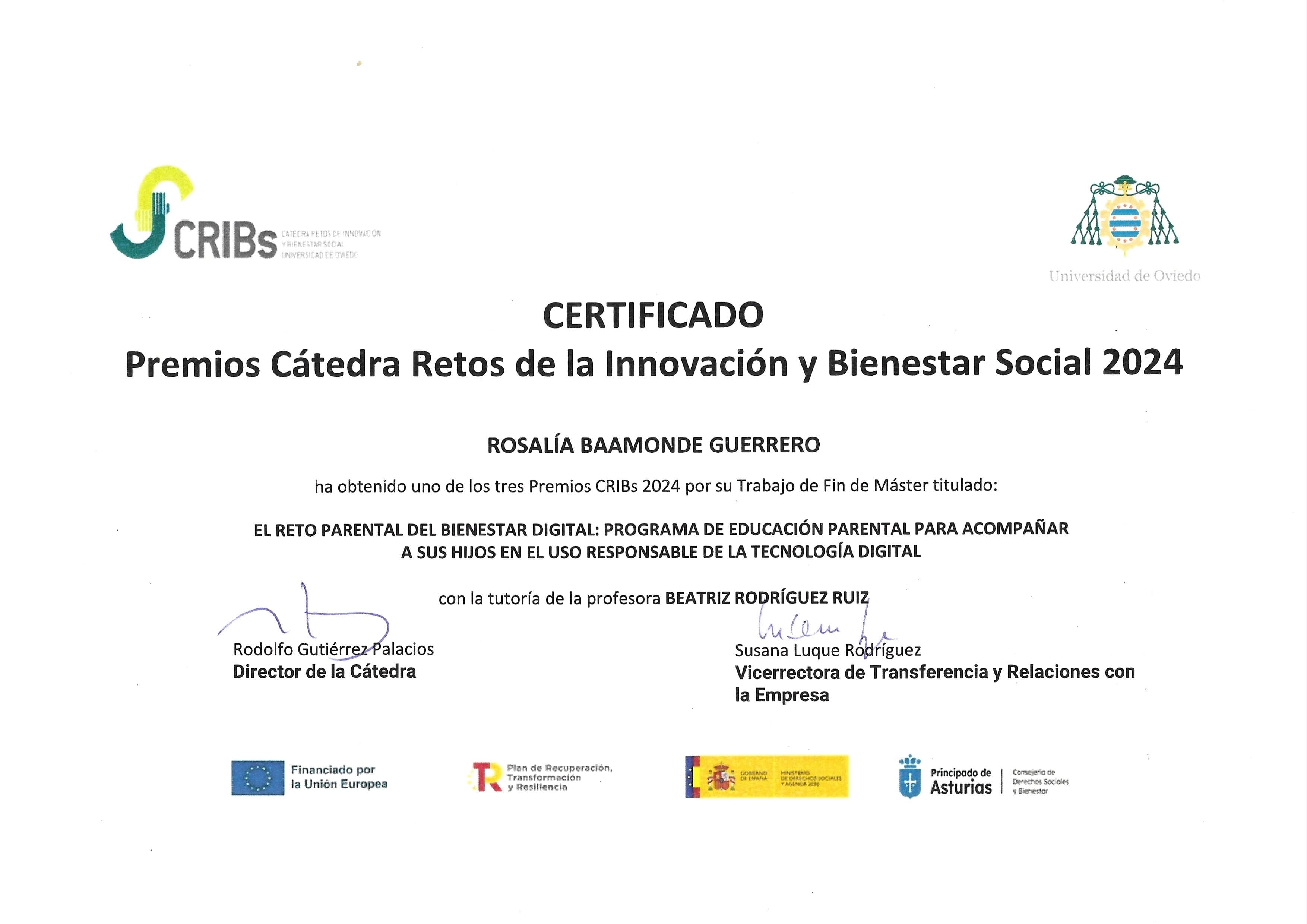 Certificado del Premio CRIBS 2024 de la Universidad de Oviedo